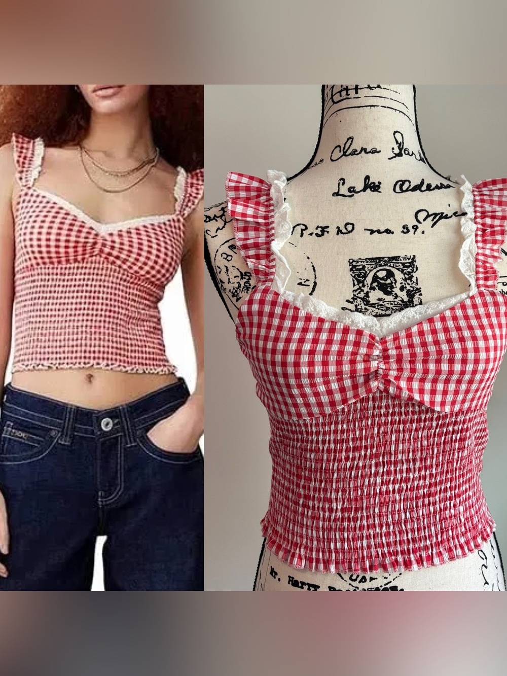 Women Gingham Lace trim square neck Smocked Crop top red/white Small